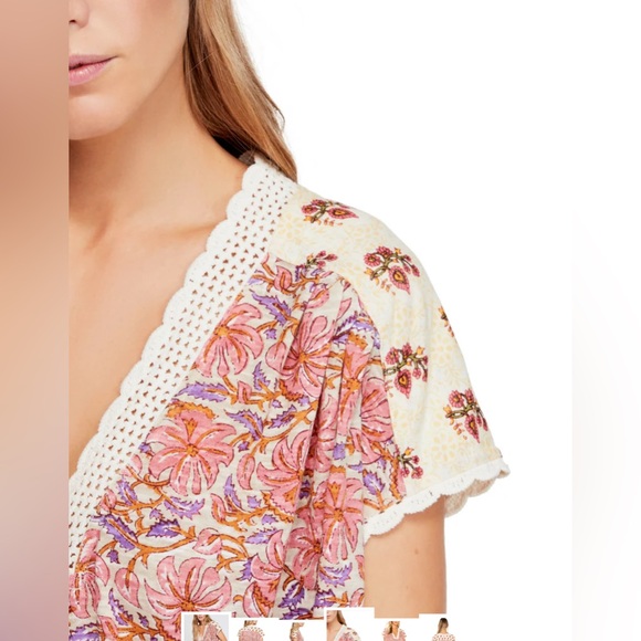 Free People Leilani Top ~ Floral Cream & Pink - Picture 4 of 12